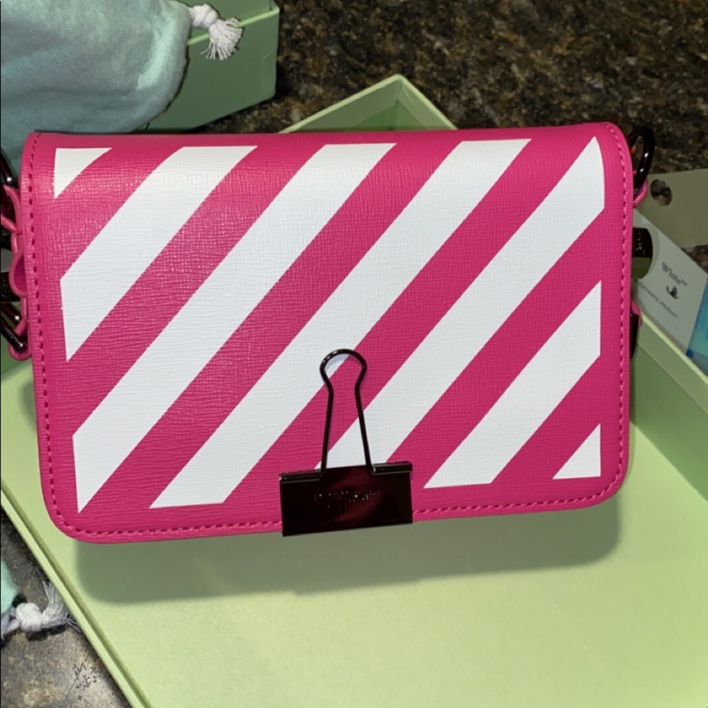 Off White Fuchsia Pink and White Diagonal Stripe Mini Crossbody Purse